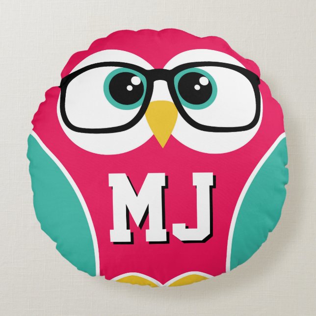 Cute Monogram Owl Wearing Glasses Round Pillow (Front)