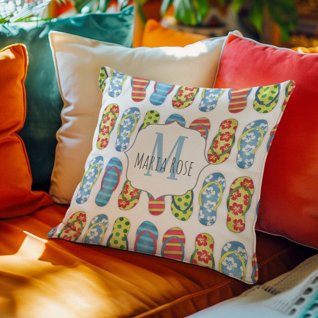 Cute Monogram Personalized Beach Throw Pillow (Monogram cute flip flops artwork throw pillow. )