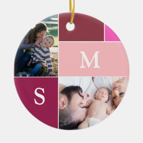 Cute monogram photo collage pink  ceramic ornament