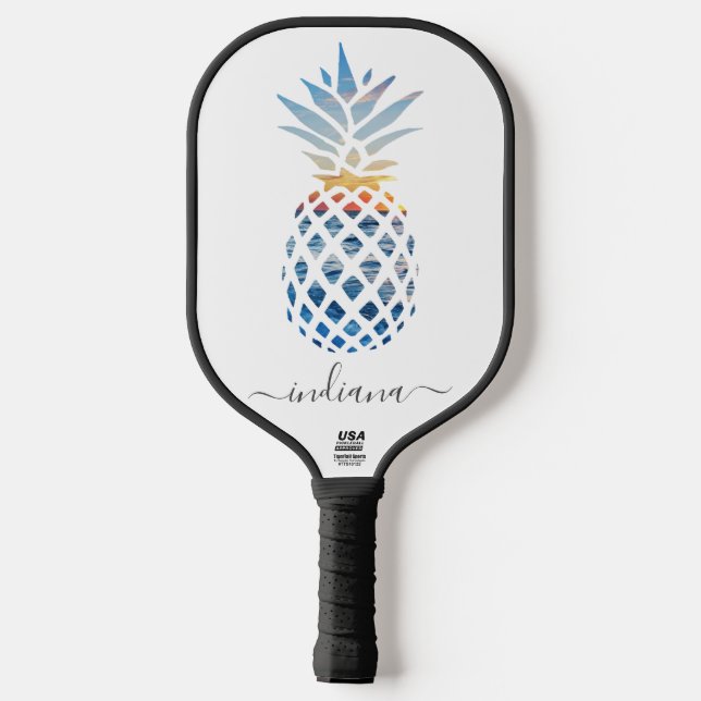 Cute Monogram Pineapple Coastal Beach Script Name Pickleball Paddle (Back)