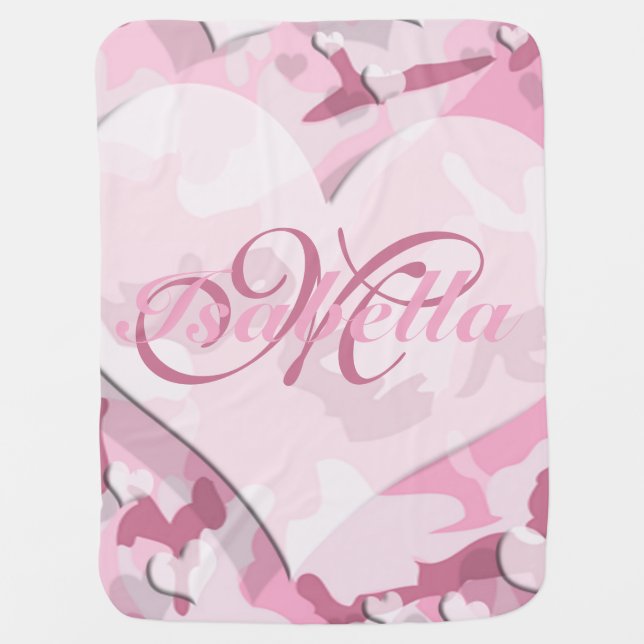 Cute Monogram Pink Camouflage Hearts Pattern Swaddle Blanket (Front)