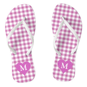Cute Monogram Pink Checked Flip Flops