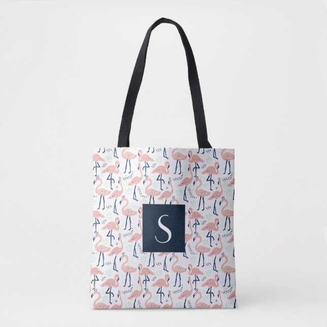 Cute Monogram Pink Flamingo Pattern Tote Bag (Front)