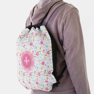 Cute Monogram Pink Floral Drawstring Bag