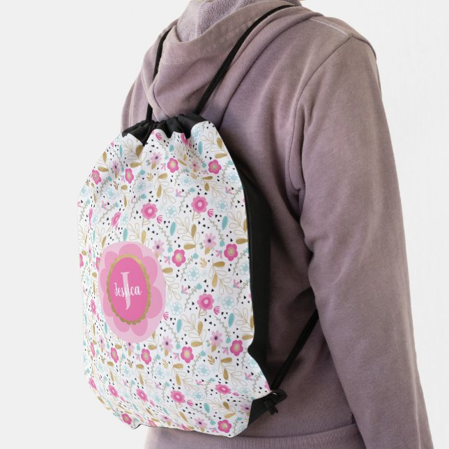Cute Monogram Pink Floral Drawstring Bag (Insitu)