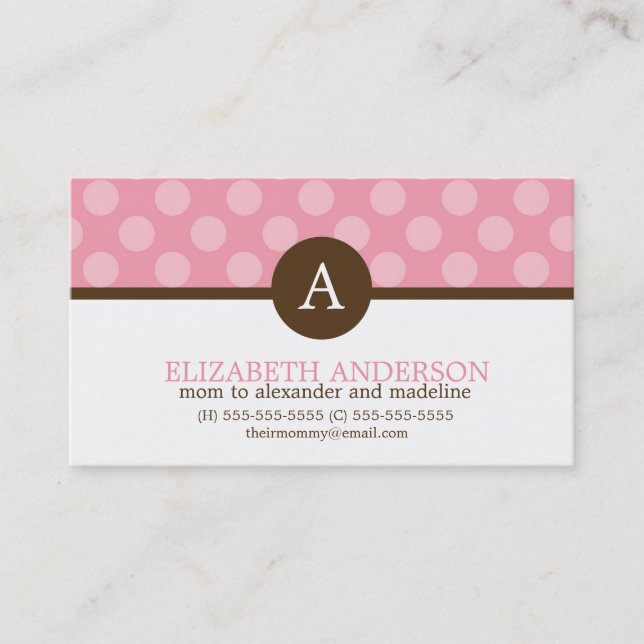 Cute Monogram Pink Polka Dots Calling Card (Front)