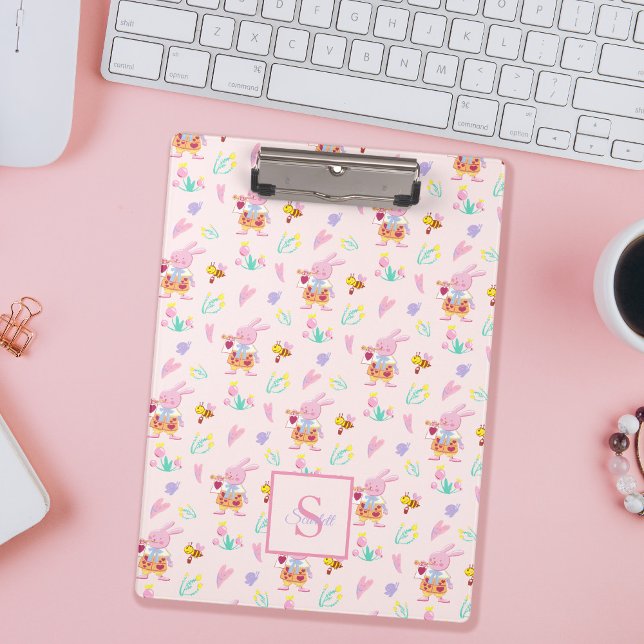 Cute Monogram Pink Rabbit & Bee Garden Pattern Clipboard (Creator Uploaded)
