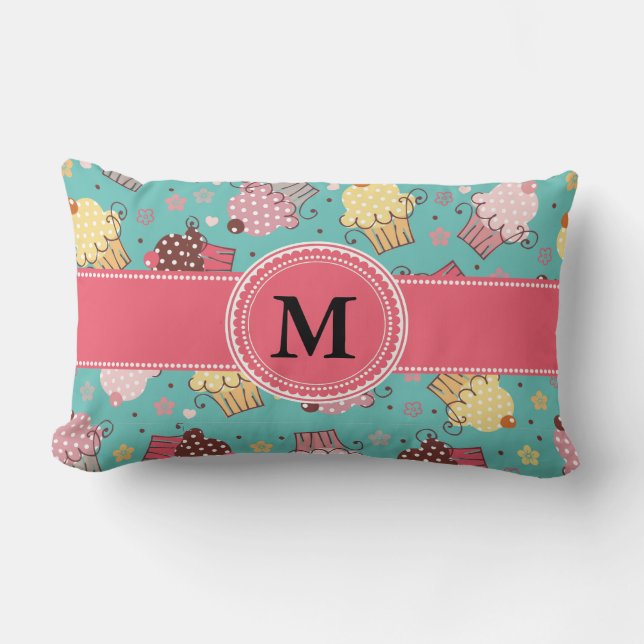 Cute Monogram Pink Teal and Yellow Cupcake Lumbar Lumbar Pillow (Front)