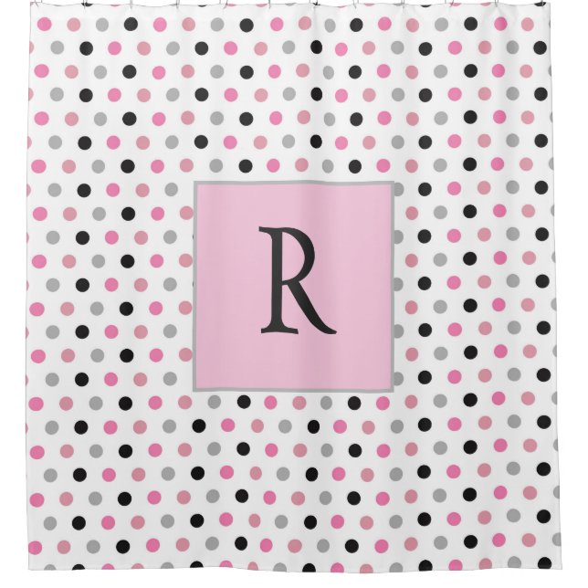 Cute Monogram Pink White and Gray Polka dot Shower Curtain (Front)