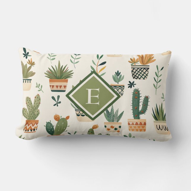 Cute Monogram Potted Plant Seamless Pattern Lumbar Pillow (Front)