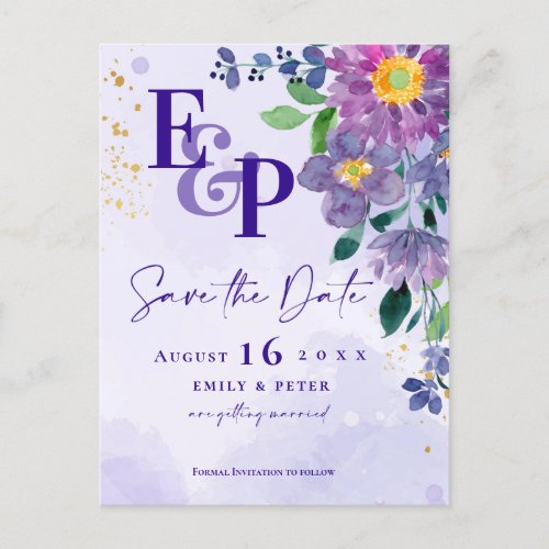Cute Monogram Purple Floral Wedding Save The Date Invitation Postcard