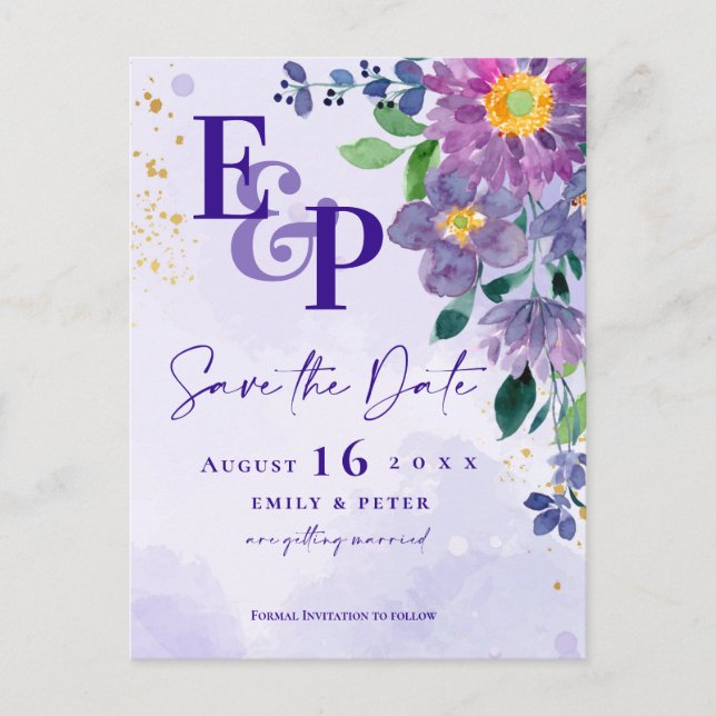 Cute Monogram Purple Floral Wedding Save The Date Invitation Postcard (Front)