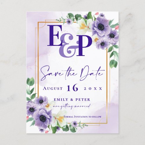 Cute Monogram Purple Floral Wedding Save The Date  Invitation Postcard