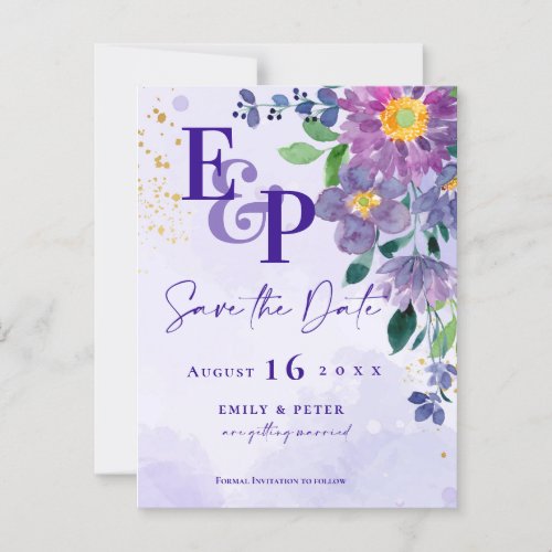 Cute Monogram Purple Floral Wedding Save The Date Postcard