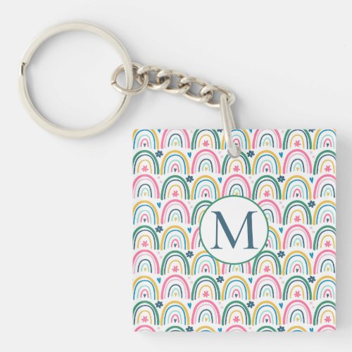 Cute Monogram Rainbow Heart Floral Pattern  Keychain