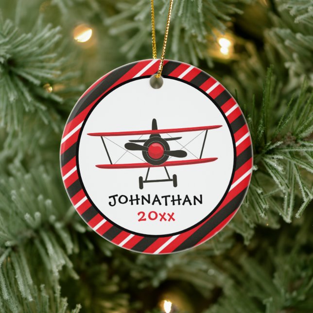 Cute Monogram Red Airplane Stripe Christmas Ceramic Ornament (Tree)