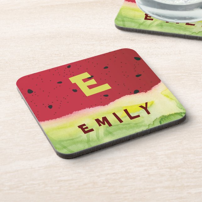 Cute Monogram Red Green Watermelon Custom Kids Beverage Coaster (Left Side)