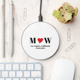 Cute monogram red heart custom couple initials wireless charger 