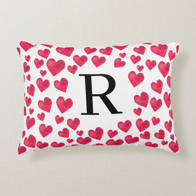 Cute Monogram Red Hearts Custom Monogram Accent Pillow (Front)
