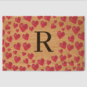 Cute Monogram Red Hearts Custom Monogram Fiber Doormat