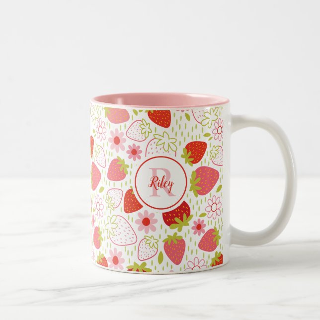 Cute Monogram Red Strawberry Flower Two-Tone Coffee Mug (Right)