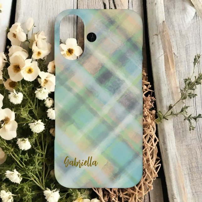 Cute monogram script plaid teal yellow gray green  iphone case (Creator Uploaded)