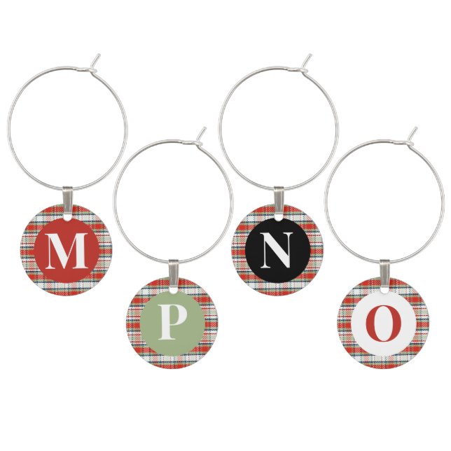 Cute Monogram Simple Winter Whimsical Plaid  Wine Charm (Staggered)