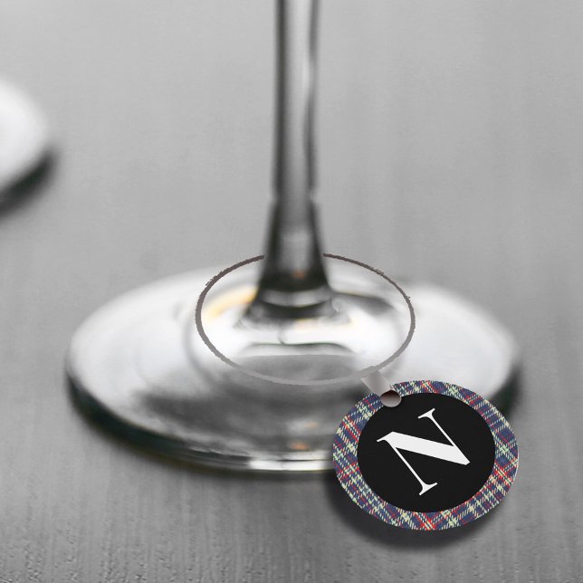 Cute Monogram Simple Winter Whimsical Plaid  Wine Charm (Monogrammed wine charm with navy blue plaid pattern. )