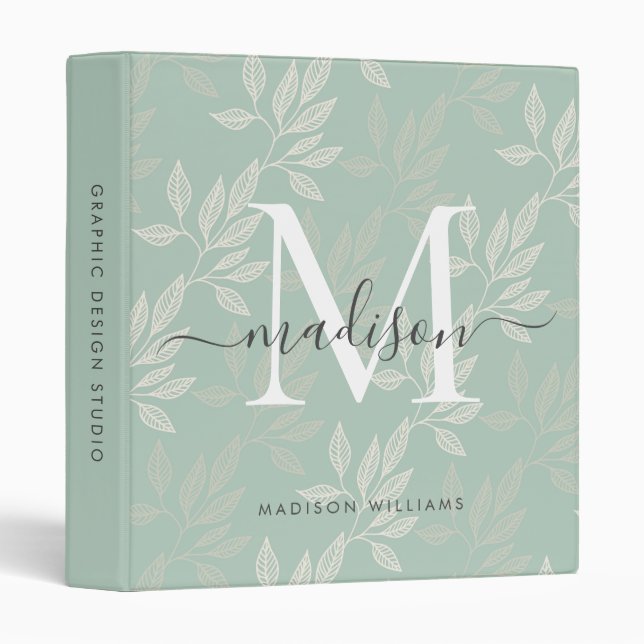 Cute Monogram Teal Botanical Leaves School Office 3 Ring Binder (Front/Spine)