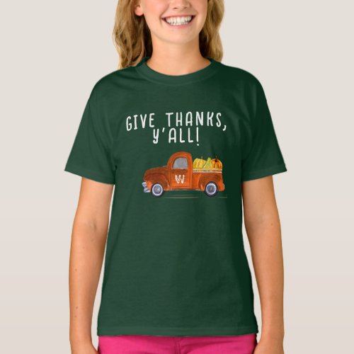 Cute Monogram Thanksgiving Orange Truck Pumpkins T_Shirt