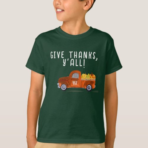 Cute Monogram Thanksgiving Orange Truck Pumpkins  T_Shirt