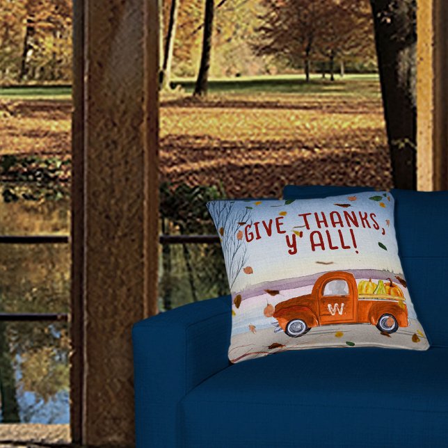 Cute Monogram Thanksgiving Orange Truck Pumpkins Throw Pillow (Creator Uploaded)