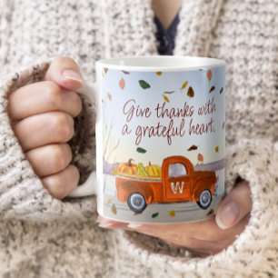 Cute Monogram Thanksgiving Orange Truck Thankful Coffee Mug