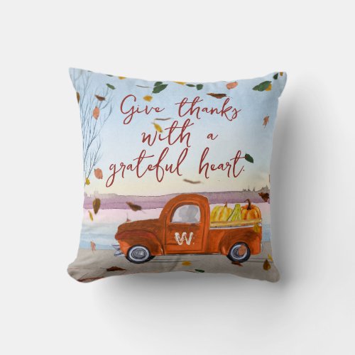 Cute Monogram Thanksgiving Orange Truck Thankful Throw Pillow