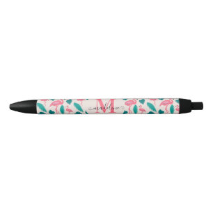 Cute Monogram Tropical Leaves Hot Pink Flamingo Pen