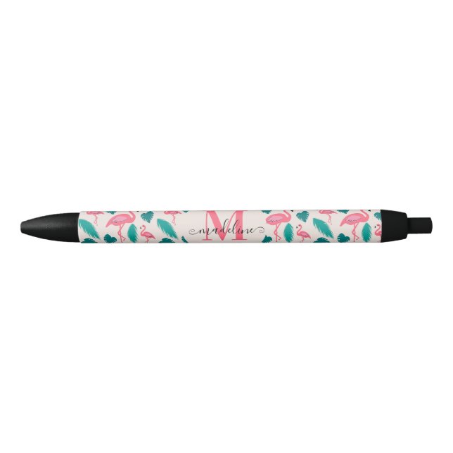 Cute Monogram Tropical Leaves Hot Pink Flamingo Pen (Front)