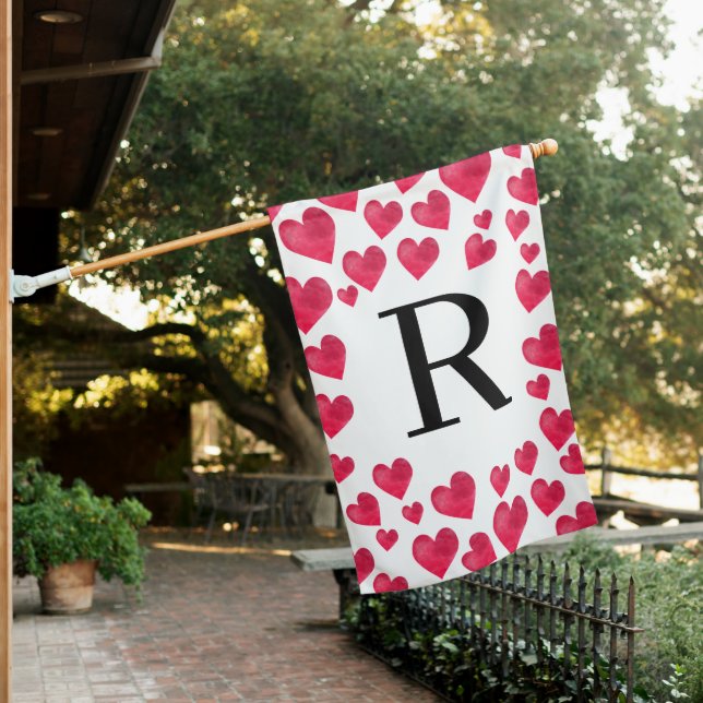 Cute Monogram Valentine's Day Hearts House Flag (In SItu)