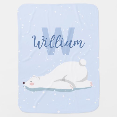 Cute Monogram Winter Polar Bear Nursery Decor Baby Blanket