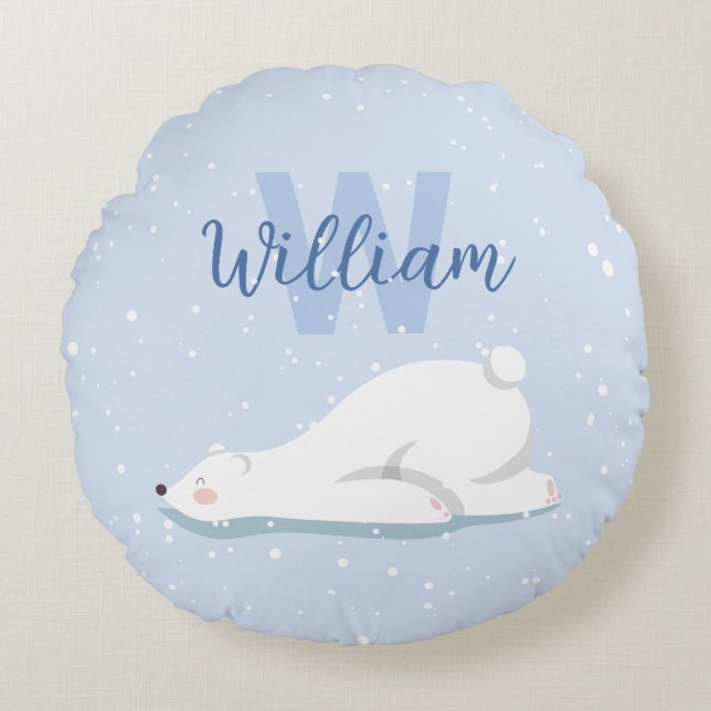 Cute Monogram Winter Polar Bear Nursery Decor Round Pillow (Front)