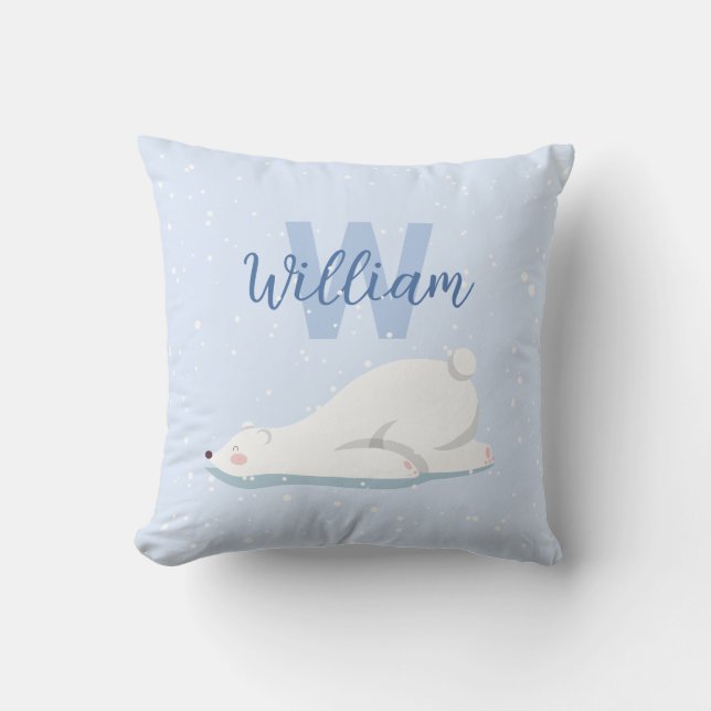 Cute Monogram Winter Polar Bear Nursery Decor Throw Pillow (Front)