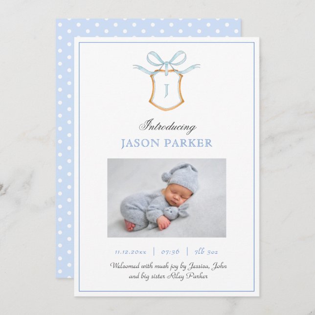 Cute Monogram with crest and bow  Announcement (Front/Back)