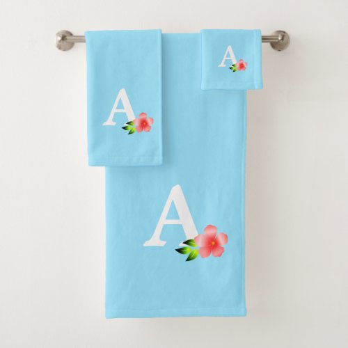 Cute monogram with flower on light turquoise blue bath towel set