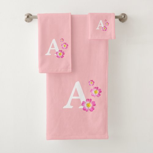 Cute monogram with flowers on light pink bath towel set