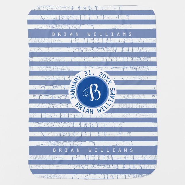 cute  monogram with stripes on blue boys receiving blanket (Front)