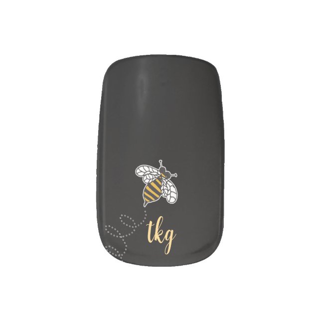 Cute Monogram Yellow and Black Bumblebee  Minx Nail Art (Left Thumb)