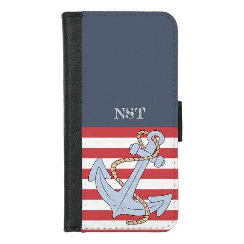 Cute monogrammed anchor with stripes Navy Red iPhone 87 Wallet Case