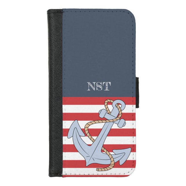 Cute monogrammed anchor with stripes Navy Red iPhone Wallet Case (Front)