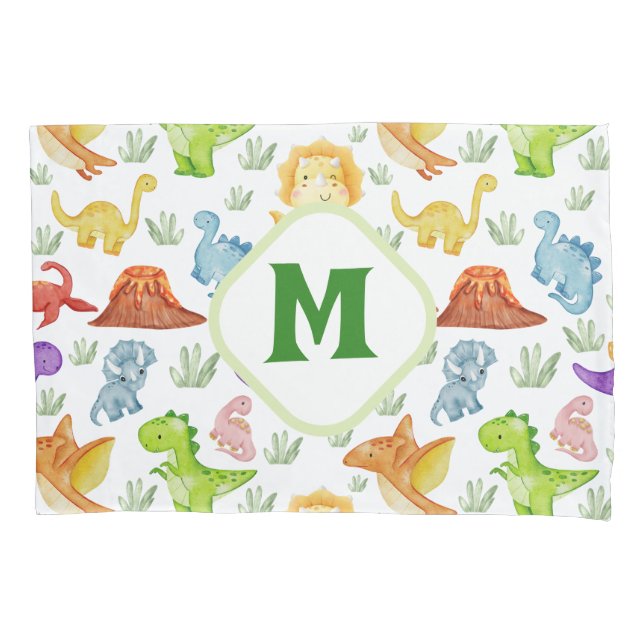 Cute Monogrammed Dinosaur Pillow Case (Front)