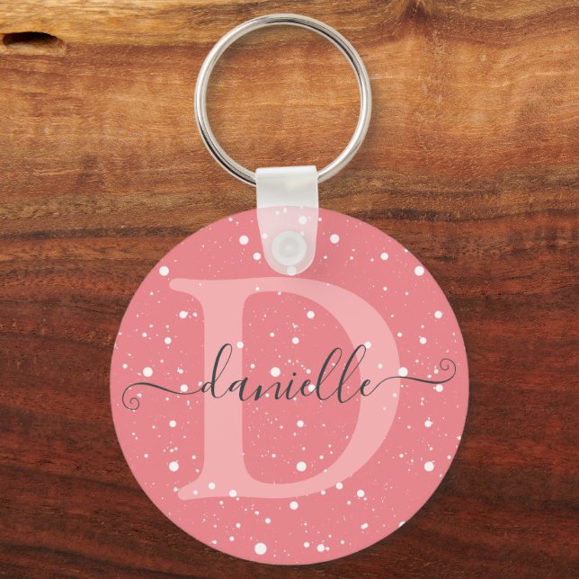 Cute Monogrammed Dotted Pattern Name Signature  Keychain (Front)