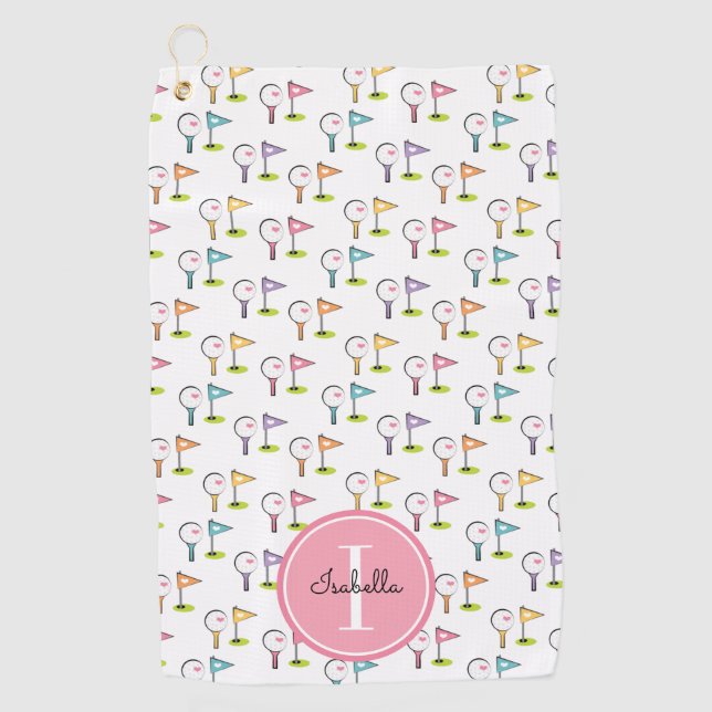 Cute Monogrammed Golf Ball Tee Flag Pin Golf Towel (Front)